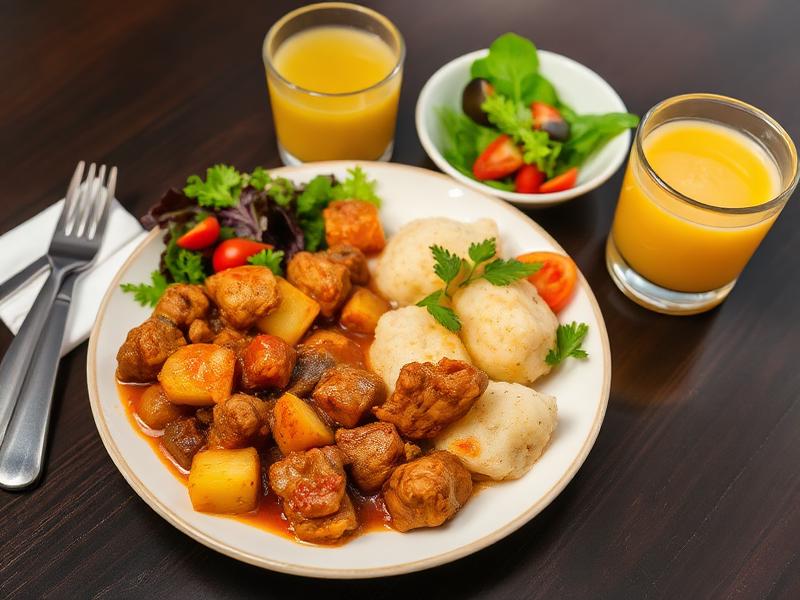 Menú del día de carne guisada con papas al ajillo y ensalada